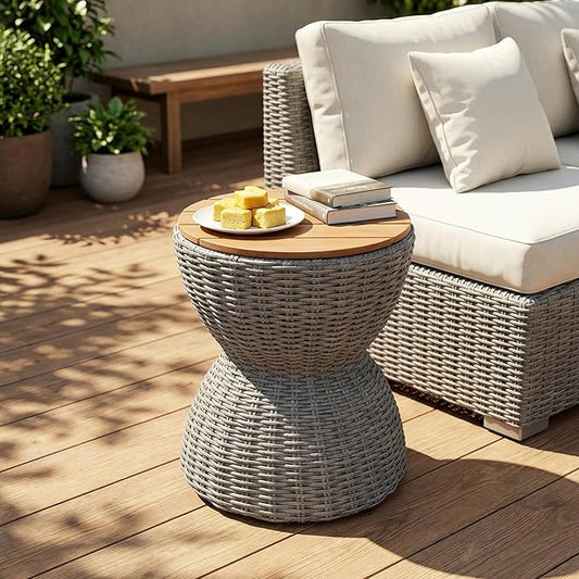 Christopher Knight Home Denhill 15.25" Outdoor Side Table, Round Patio End Table with Wood Top and Wicker Base, Small Outdoor Coffee Table for Balcony Garden, Accent Garden Stool, Grey+Natural