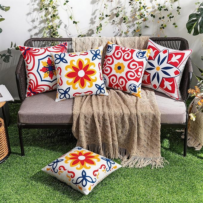 Pyonic 4th of July Outdoor Pillows Waterproof Throw Pillow Covers Set of 4 Red Blue White Floral Printed Patriotic Outdoor Pillow Covers for Patio Funiture Garden 18x18 Inch-Double Side