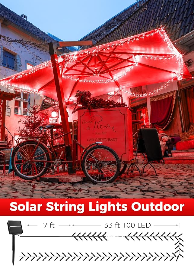 Minetom Solar String Lights Outdoor,40FT 100 LED Solar Powered String Light | Patio Light with 8 Lighting Modes, Waterproof Solar Christmas Lights Outdoor for Outside Tree Garden Balcony Yard Lawn, Red