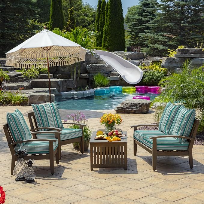 Arden Outdoor Deep Seat Cushion Set, Foam, 24x24, Teal Cobalt Stripe | Sofa, Couch, Conversation Set, Premium High-Density Foam, Never Flattens, Mold and Mildew Resistant