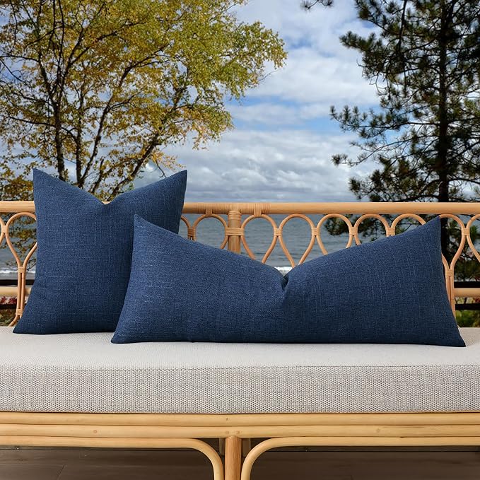 Kevin Textile Outdoor Waterproof 14”x36” Lumbar Pillow Cover 1 Pack, Blue | Water Resistant, Soft Faux Linen-cotton Yarn-dyed Woven Texture Throw Pillow Covers for Tent Patio Garden Couch Sofa