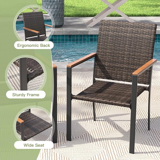 Round Patio Dining Set for 4, Outdoor Furniture Set of 40.6" Round Metal Table with Umbrella Hole and Stackable Wicker Patio Chairs for Backyard Lawn Garden, Walnut Chairs, Black Table
