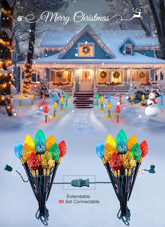 2 Pack Strawberry C9 Christmas Pathway Lights Outdoor, Total 34.8FT 20 LED | Connectable Christmas Walkway Light, Waterproof Christma Lights Outdoor Decorations for Yard Lawn Holiday Outside, Multicolor