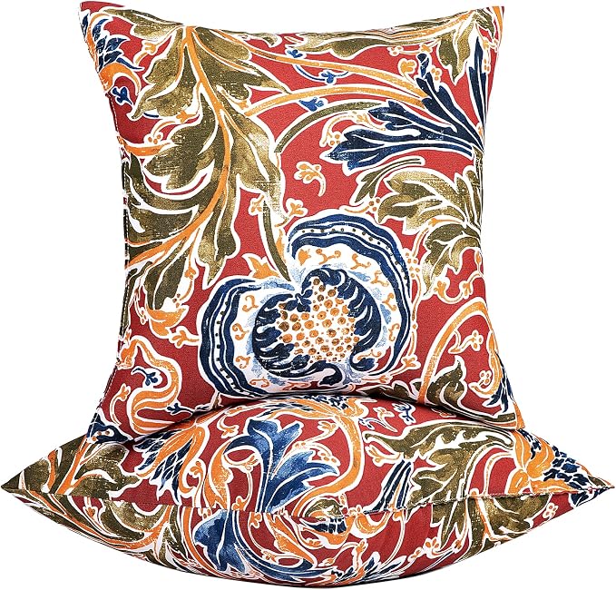 JMGBird Porch Pillows Waterproof Outdoor Lumbar Pillow Covers with Insert | Water-Resistant Outdoor Pillows Set of 2, 18x18 inch Durable Red with Pomegranate Flower Pattern Throw Pillows