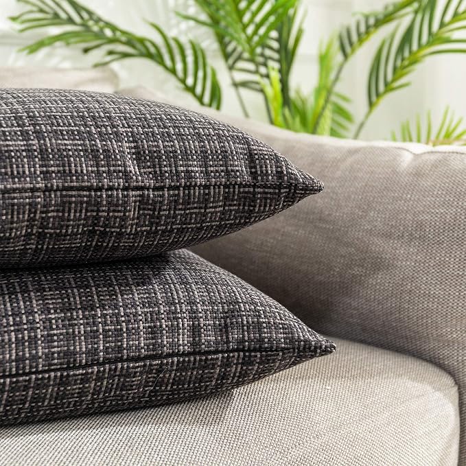 Kevin Textile Outdoor Waterproof 18x18 Inch Pillow Covers 2 Pack, Black | Water Resistant, Faux Linen Yarn-dyed, Woven Texture Throw Pillow Covers for Tent Patio Garden Couch Sofa