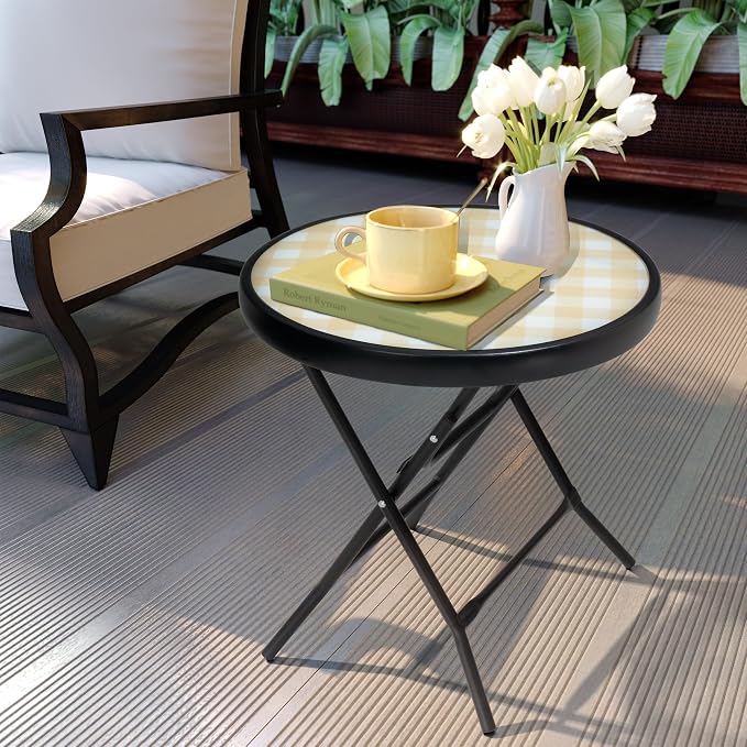 Foldable Patio Side Tables, 17.7" Small End Table Outdoor Weatherproof, Round Glass Top Outside Folding Table for Poolside, Balcony, Yard, Porch（Yellow）