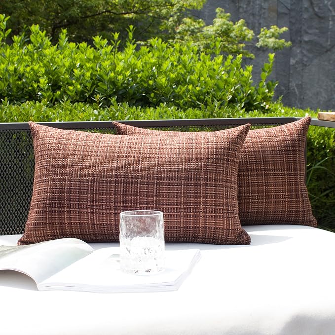 Kevin Textile Outdoor Waterproof 12"x24" Lumbar Pillow Covers 2 Pack Coffee | Water Resistant, Faux Linen Yarn-dyed, Woven Texture Throw Pillow Covers for Tent Patio Garden Couch Sofa