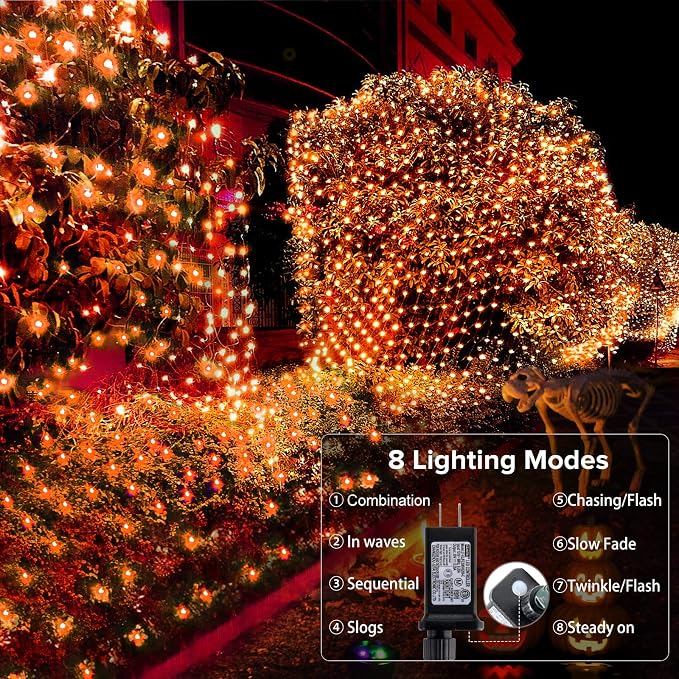 BlcTec Halloween Lights 200 LED 8.4ft x 5.2ft Orange Net Lights with 8 Modes, UL Certified, Timer, Connectable, Waterproof, Dark Green Wire for Trees, Bushes, Shrub, Lawn Halloween Decorations Outdoor