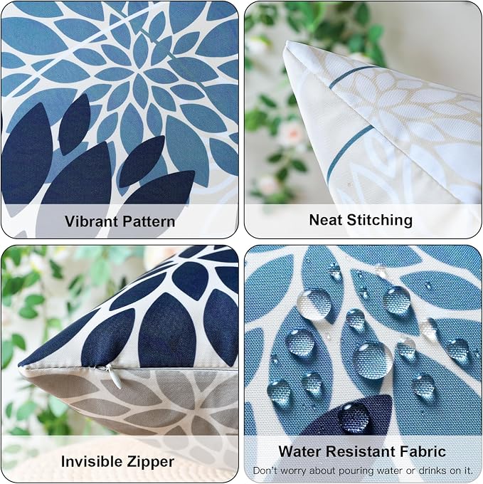 OTOSTAR Outdoor Dark Blue Light Blue Pillow Covers 18x18 Inch Set of 2 White Flower Throw Pillows Farmhouse Geometric Dahlia Floral Square Cushion Case Waterproof Decor for Sofa Patio Funiture Garden