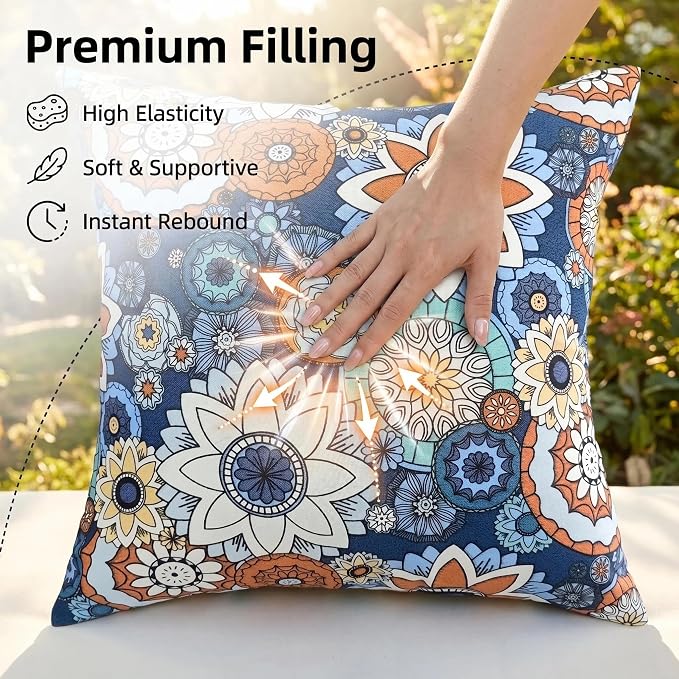 JMGBird Outdoor Throw Pillows Waterproof Outdoor Pillow Covers with Inserts | Outdoor Pillows with Inserts - 18x18 Waterproof Throw Pillows for Patio Furniture, Navy Blue Sunflower Decorative Cushions