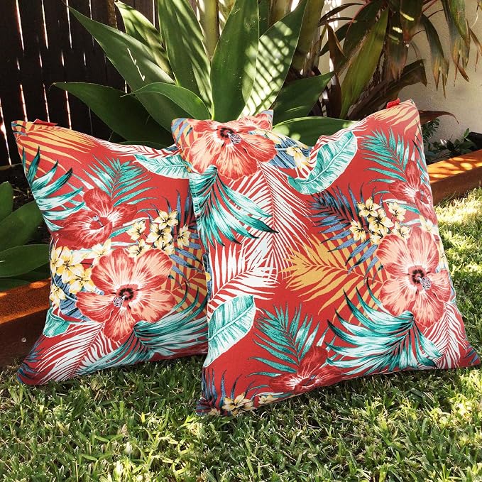 Throw Pillow Covers Set of 2, Outdoor Indoor Waterproof Decorative Patio Throw Pillowcase Shell 18x18 Inch, Square Cushion Case for Couch Sofa Garden Farmhouse Decoration-Chili Red Floral