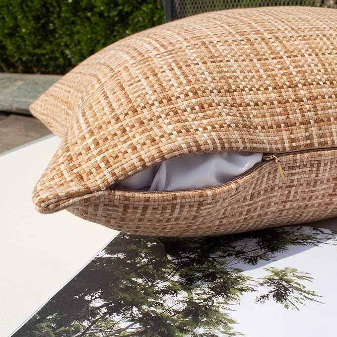 Kevin Textile Outdoor Waterproof 12"x24" Lumbar Pillow Covers 2 Pack, Beige | Water Resistant, Faux Linen Yarn-dyed, Woven Texture Throw Pillow Covers for Tent Patio Garden Couch Sofa