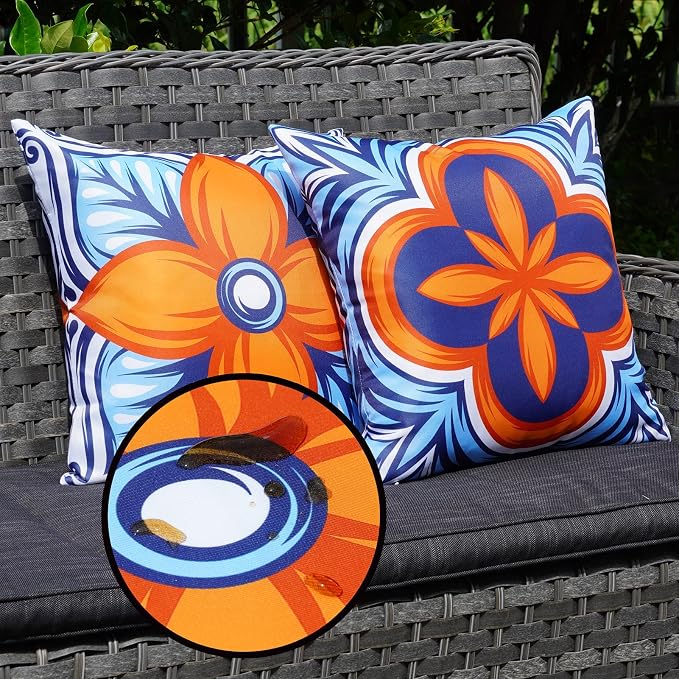 ONWAY Outdoor Pillow Covers Waterproof Set of 4 Floral Boho Decorative Throw Cushion Cover Farmhouse Pillows for Bench, Couch, Sunbrella and Patio Furniture (BlueOrange, 18x18 Inch)