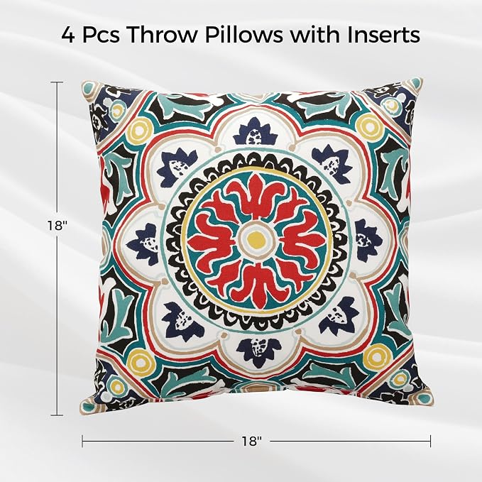 Volans 18" x 18" Outdoor Throw Pillows with Inserts Pack of 4, Waterproof Square Toss Pillows for Backyard, Bed, Couch, and Patio Furniture, Colorful Mandala