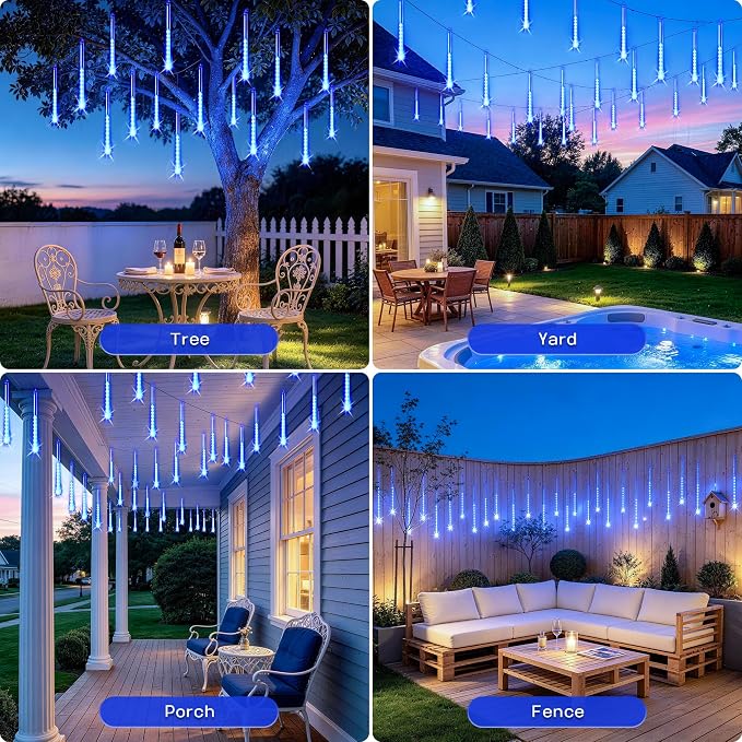 JMEXSUSS Solar Lights for Outdoor Decor, Solar Meteor Shower Lights Outdoor | 8 Tube 144 LEDs , Hanging Blue Christmas Lights for Tree Yard Icicle Garden Patio Gazebo Eaves Front Porch Decor