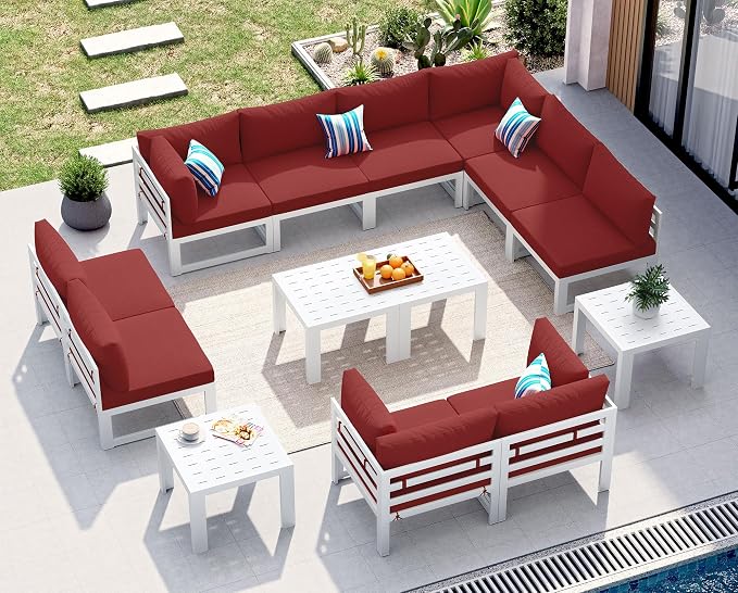 NICESOUL 14 Piece Luxury Aluminum Outdoor Sectional Sofa with End Table, L Shaped Oversized Modular Patio Furniture Set, 29" Deep Wide Seating, 500 lbs Heavy Duty Conversation Set for Backyard, Red