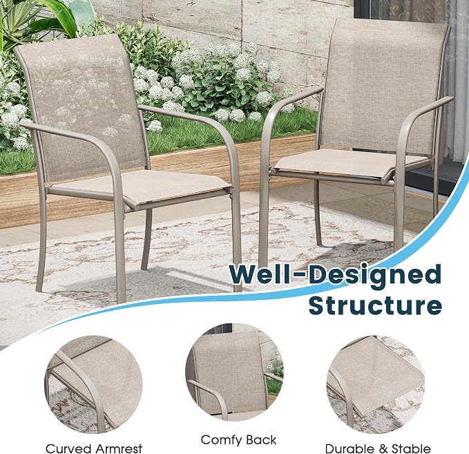 7 Pieces Patio Dining Set, 63" Rectangular Dining Table with Umbrella Hole, 6 Stackable Textilene Fabric Chairs, Metal Structure for Patio, Porch, Garden(Sand Table, Sand Chair)