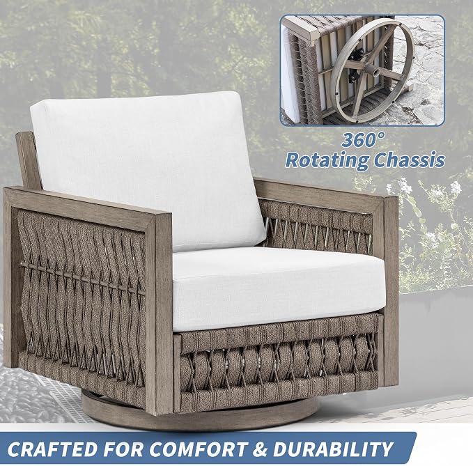 2 Pieces Patio Swivel Chair, Rope Weave Outdoor Chair with Widened Armrests & Thick Cushions, All-Weather Never-Rust Aluminum Deep Seating Armchair for Garden, Porch, Deck, Gray Oak