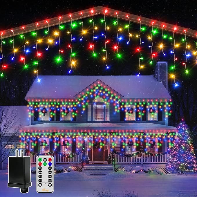 Ollny Icicle Lights for Outside 1000LED 82FT, Multicolor Christmas Light with Remote 8Modes Timers Waterproof Dimmable, Plug in Hanging Lights for Outdoor Indoor House Roof Holiday