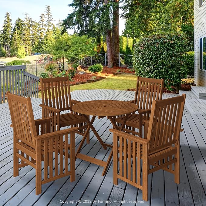 Furinno TIOMAN Folding Patio Dining Table, Outdoor Wooden Table with Umbrella Hole, Round 4-Person Patio Table for Garden, Porch, Backyard, Light Wood