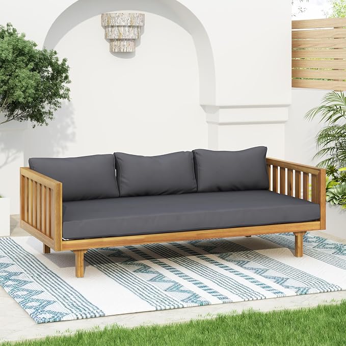 Merax Outdoor Acacia Wood Conversation Set - Patio 3-Seat Loveseat Sofa w/Coushion and Round Coffee Table for Backyard, Lawn, Balcony, Teak+Dark Gray