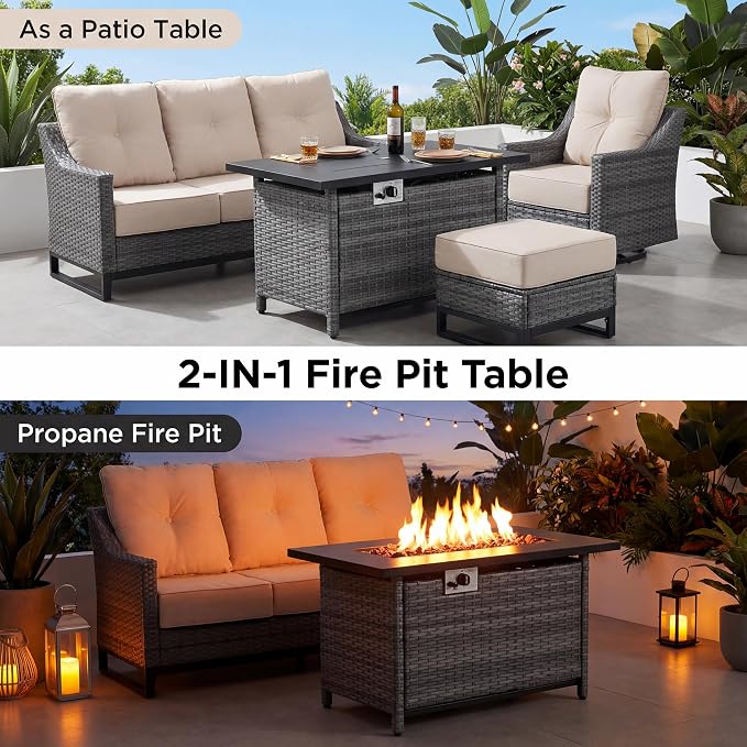 9 Piece Patio Furniture Set with 6" Thick Cushions, Weather-Resistant Wicker Swivel Rocker High Back Chairs and Fire Pit Table for Porch Yard Deck