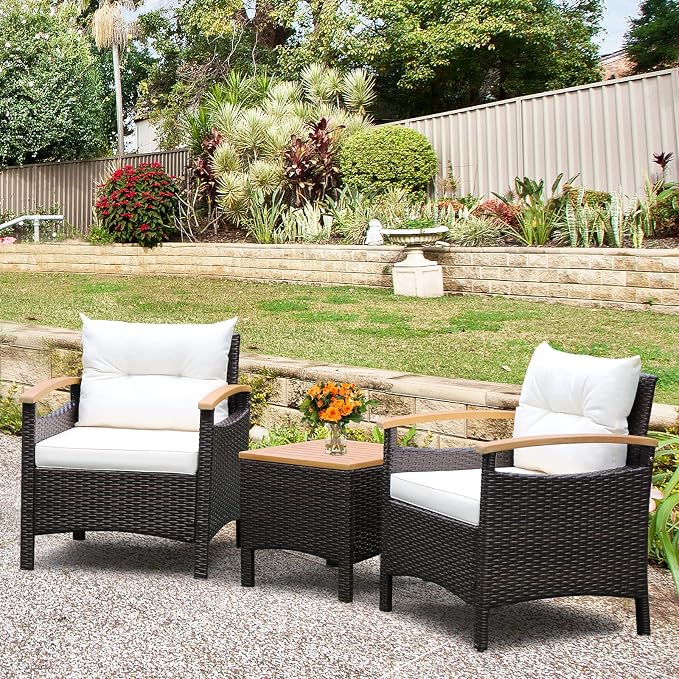 HAPPYGRILL 3-Piece Patio Furniture Set Outdoor PE Rattan Bistro Set with Coffee Table, Soft Seat Cushions & Throw Pillows, Acacia Wood Conversation Set for Patio Courtyard Poolside
