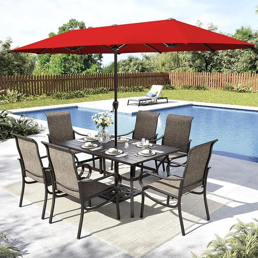 MFSTUDIO Outdoor Dining Set with Umbrella, Patio Dining Set for 6 Persons, Patio Furniture Set with Rectangle Table & Textilene Chairs & Orange Red Umbrella (Base not Included)