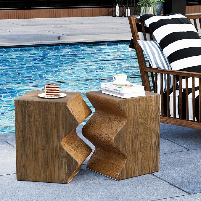 HOMPUS Outdoor Concrete Side Table w Faux Wood, Set of 2 Patio End Table Modern Vintage MgO, Lightweight Functional Combine Accent Table for Indoor Outdoor Use, Garden, Deck, Poolside, Brown