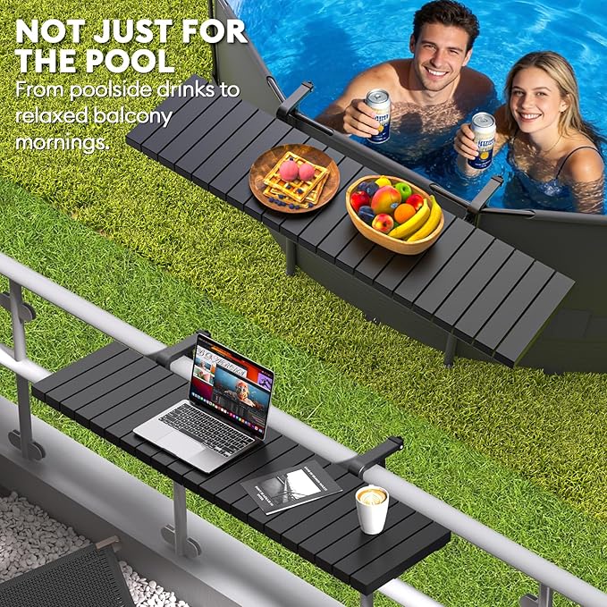 Pool Bar for Above Ground Pools, Stable Poolside Drink & Snack Table Supports Up to 110 lbs, Large Heavy-Duty Metal Poolside Bar Fits ≤4.4” Rails for Framed Round & Oval Pools, Ideal for Pool Parties