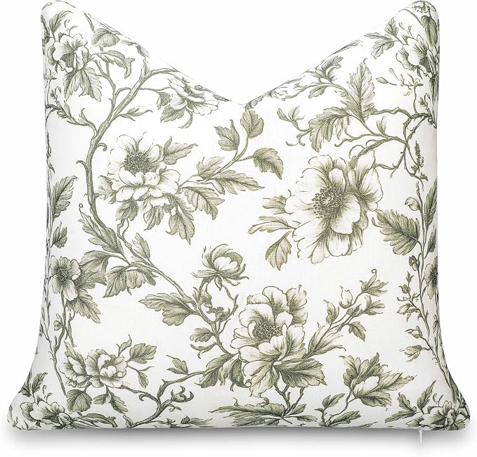 Modern Farmhouse California Casual Indoor Outdoor Throw Pillow Cover, 20"x20" Water Repellent for Patio, Backyard, Couch, Poolside, Oliver Green Print Vintage Chinoiserie Floral