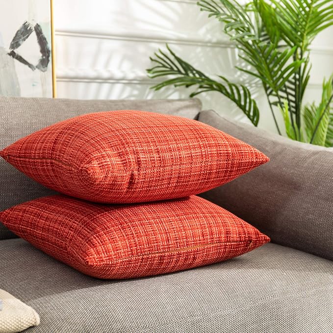 Kevin Textile Outdoor Waterproof 20x20 Inch Pillow Covers 2 Pack, Red | Water Resistant, Faux Linen Yarn-dyed, Woven Texture Throw Pillow Covers for Tent Patio Garden Couch Sofa