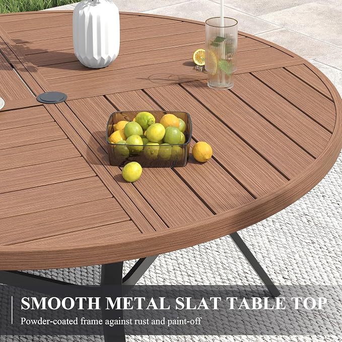 VICLLAX 53" Round Patio Table with Umbrella Hole, All Weather Metal Outdoor Dining Table for 6-8, Outside Table for Lawn Garden, Walnut Wood-Grain Finish