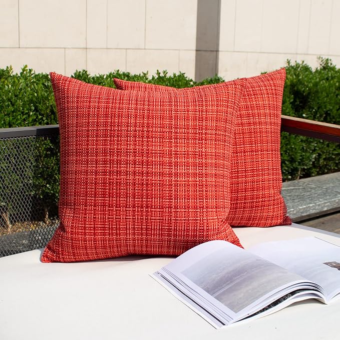 Kevin Textile Outdoor Waterproof 24x24 Inch Pillow Covers 2 Pack, Red | Water Resistant, Faux Linen Yarn-dyed, Woven Texture Euro Throw Pillow Covers for Tent Patio Garden Couch Sofa