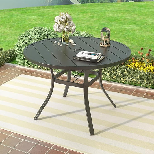 Patio Dining Table for 4,Steel Slatted Round Outdoor Table with Adjustable Umbrella Hole,41",Black