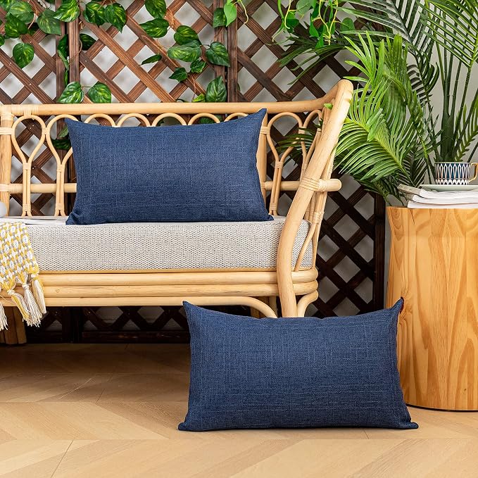 Kevin Textile Outdoor Waterproof 12”x20” Lumbar Pillow Covers 2 Pack, Blue | Water Resistant, Soft Faux Linen-cotton Yarn-dyed Woven Texture Throw Pillow Covers for Tent Patio Garden Couch Sofa