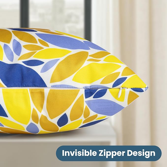 Outdoor Pillow Covers 18x18 Inch, Water-Resistant Decorative Pillow Covers Pack of 2, Floral Throw Pillow Case for Patio Furniture Tent Garden, Yellow Blue Dahlia, Cover ONLY