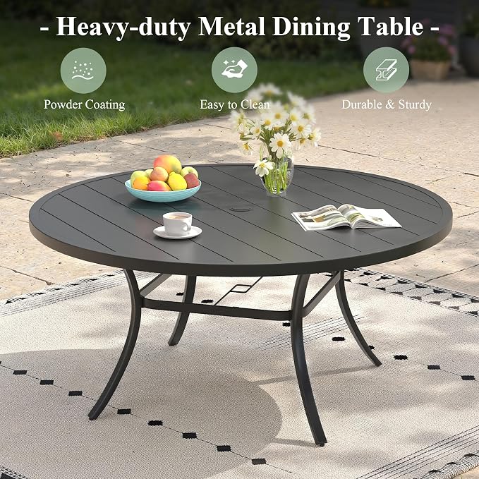 Outdoor Dining Table for 6, 50" Round Outdoor Table with Adjustable Umbrella Hole, All-Weather Metal Patio Dining Table for Lawn Garden Backyard Deck, Black