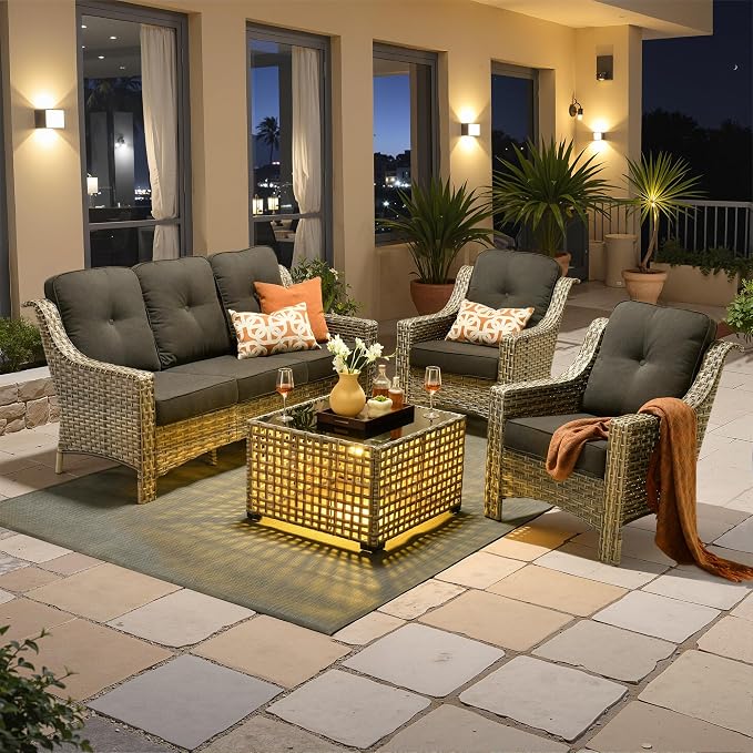 Outdoor Patio Furniture Sets, 4 PCS Patio Conversation Set Outside Rattan Sofa with Solar Light Coffee Table Comfy Cushions Fit Backyard Porch Garden Poolside Balcony,Black
