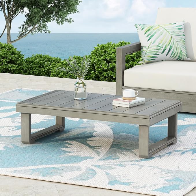 Outdoor Coffee Table with Slat Design and Sled Base, Light Grey
