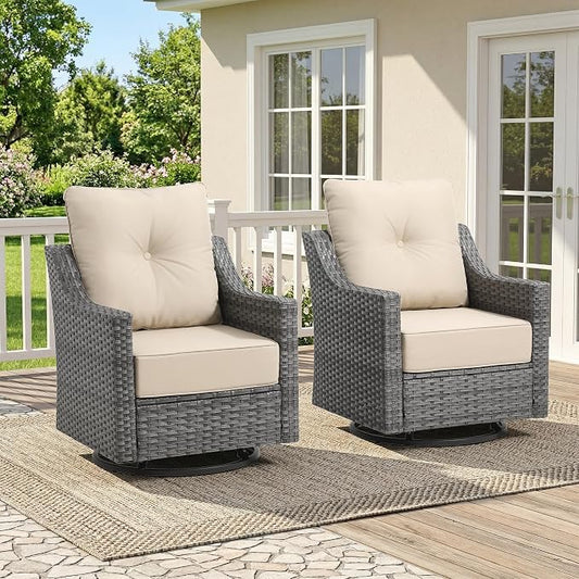 2 Piece Patio Furniture Set, Outdoor Swivel Rocker Chairs Set of 2, Grey Wicker Conversation Chairs with 6-Inch Thick Cushions, High Back Seating, Beige Olefin Covers for Porch, Deck