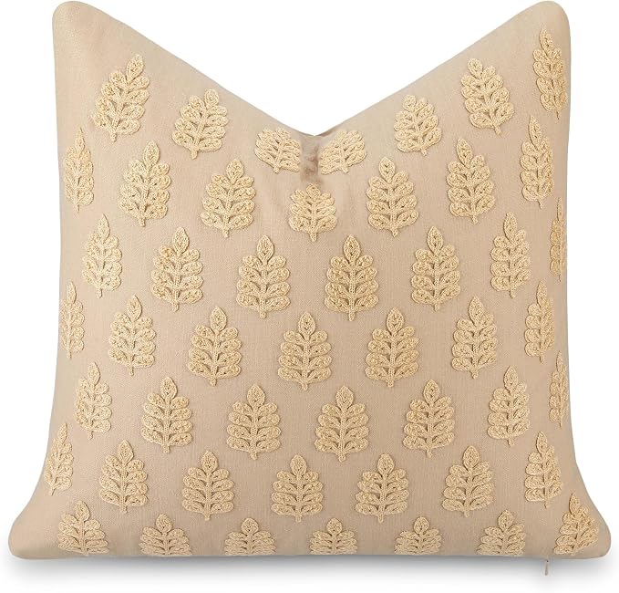 Crumbs Home Modern Farmhouse California Casual Indoor Outdoor Throw Pillow Cover, 20"x20" Water Repellent for Patio, Backyard, Couch, Poolside, Earth Tone Ivory Cream Tan Embroidered Leaves