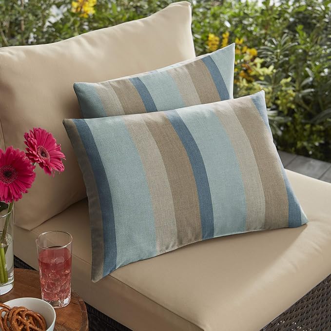 1101 Design Indoor/Outdoor Sunbrella Lumbar Pillows, Set of 2, 12 x 24, Blue & Taupe Stripes