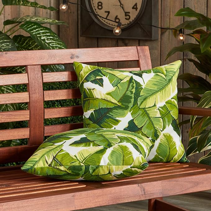 South Pine Porch Outdoor 17-inch Square Accent Pillow (Set of 2), Palm Leaves White
