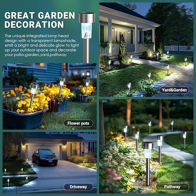 GIGALUMI Solar Lights Outdoor Waterproof, 12 Pack, Stainless Steel LED Solar Garden Lights for Patio, Lawn, Yard and Landscape, Cold White | Stainless Steel LED, Ideal for Patio Lawn Yard Landscape, Durable Decorative Lighting