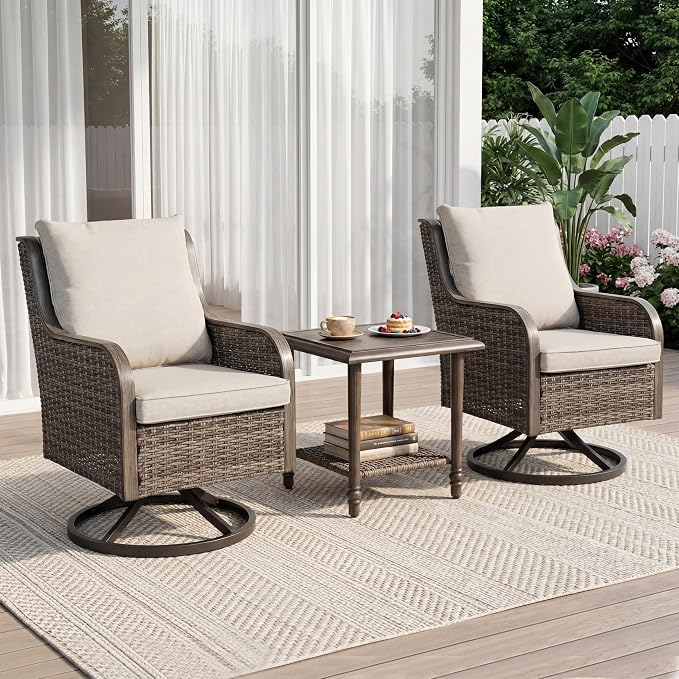 3 Pieces Patio Furniture Sets-Swivel Patio Chairs with High Back Cushions and Wicker Outdoor Side Table,All Weather Patio Conversation Set for Garden Backyard Porch Deck