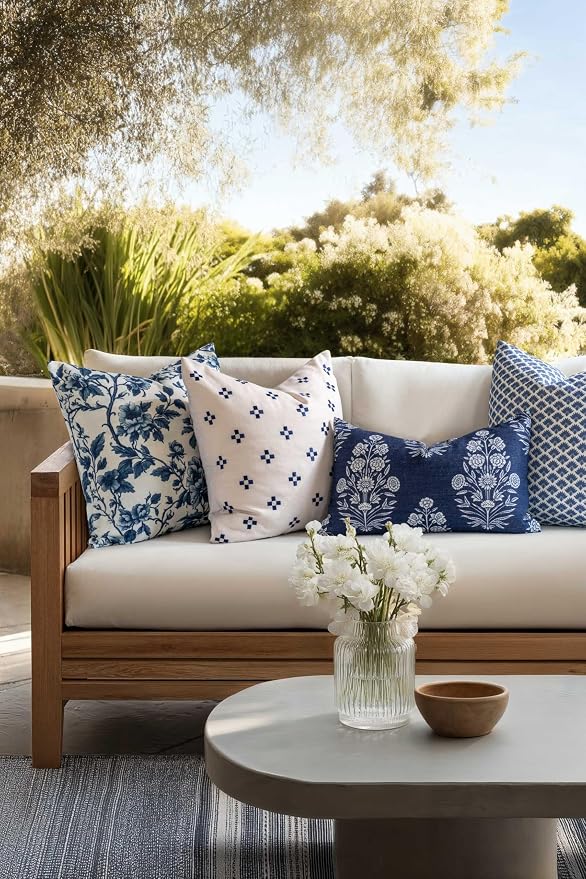 California Casual Coastal Indoor Outdoor Lumbar Pillow Cover, 12"x20" Water Repellent for Patio, Backyard, Couch, Poolside, Dark Navy Print Floral