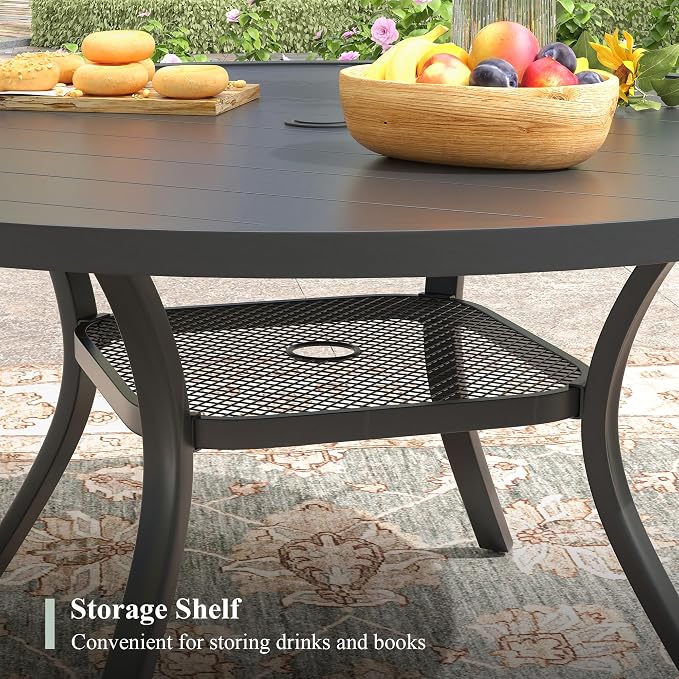 Outdoor Dining Table for 6, 47.2" Round Outdoor Table with Adjustable Umbrella Hole, All-Weather Metal Patio Dining Table for Lawn Garden Backyard Deck, Black