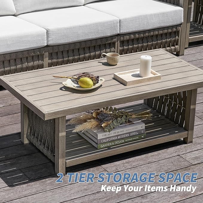 4 Pieces Patio Furniture Set, Outdoor Patio Couch Sofa with Coffee Table, Rope Weave & Aluminum Frame, All-Weather Garden Outdoor Contemporary Sofa with Cushion for Porch Yard Deck, Gray Oak