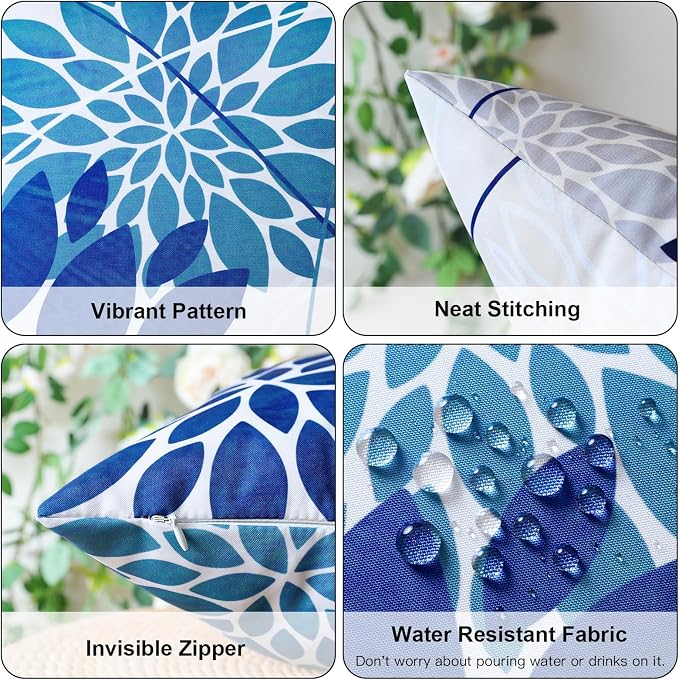 OTOSTAR Outdoor Blue Pillow Covers 20x20 Inch Set of 2 Beige White Flower Throw Pillows Farmhouse Geometric Dahlia Floral Square Cushion Case Waterproof Decor for Sofa Patio Funiture Garden